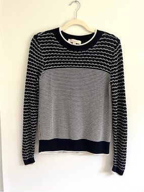 LOFT Crochet Cotton Navy White Striped Mixed Knit Crewneck Preppy Sweater Medium